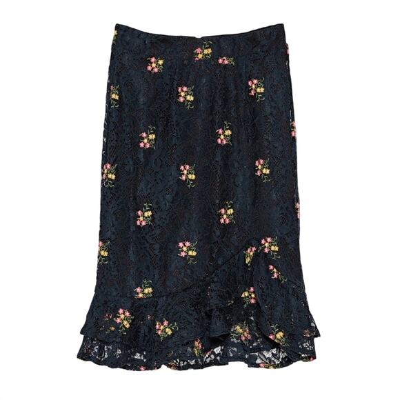 ZARA Embroidered Ruffle Hem Lace Modest Pencil Skirt Black - Picture 1 of 7
